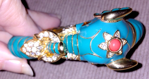 VINTAGE KJL KENNETH J LANE MULTI GEM AQUA ENAMEL ELEPHANT HINGED BANGLE BRACELET - Picture 4 of 9