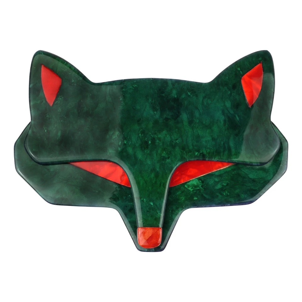 Broche LEA STEIN Cabeza de Lobo de Zorro en Acetato Verde Mármol y Rojo París Francia Foto 2 de 4