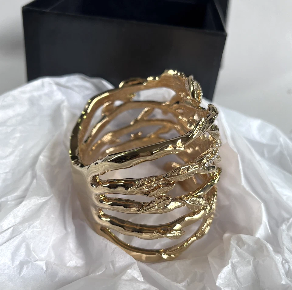 Rachel Zoe Gold Tone Clear Rhinestone Floral Large Cuff Bracelet - Image 4 of 4
