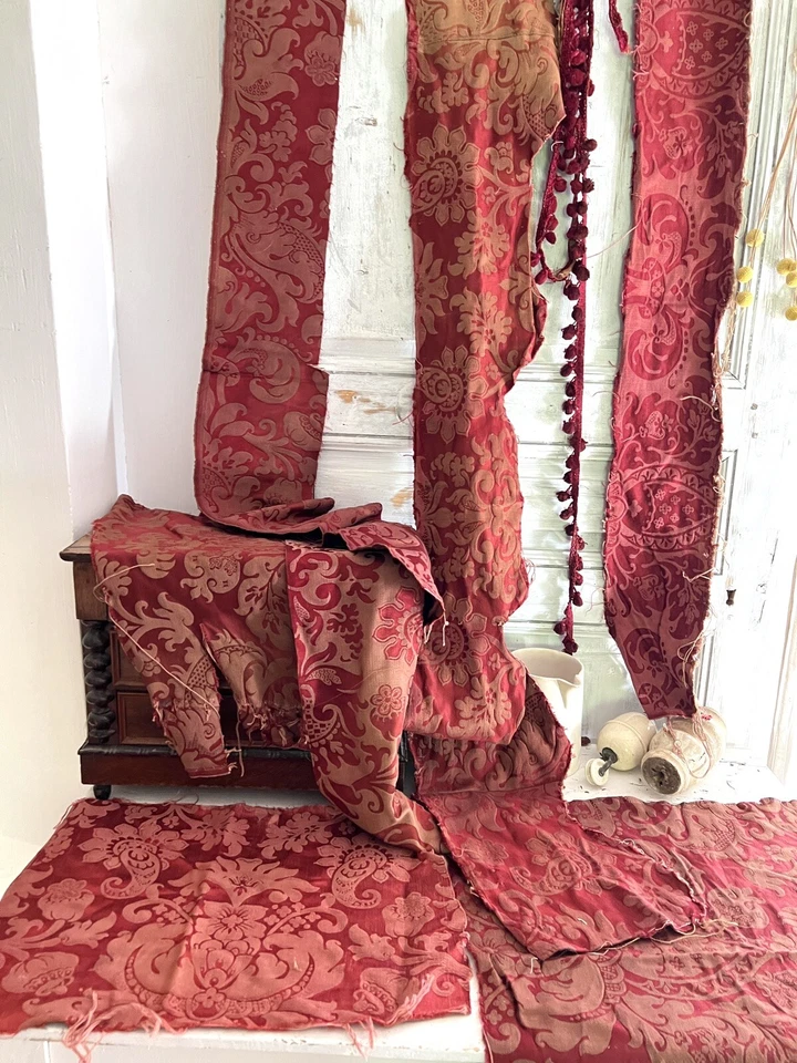 PAQUETE #3 Antiguo CORTE DAMASCO SEDA TELA LOTE ARTESANÍA arabescos c1900 Foto 3 de 4