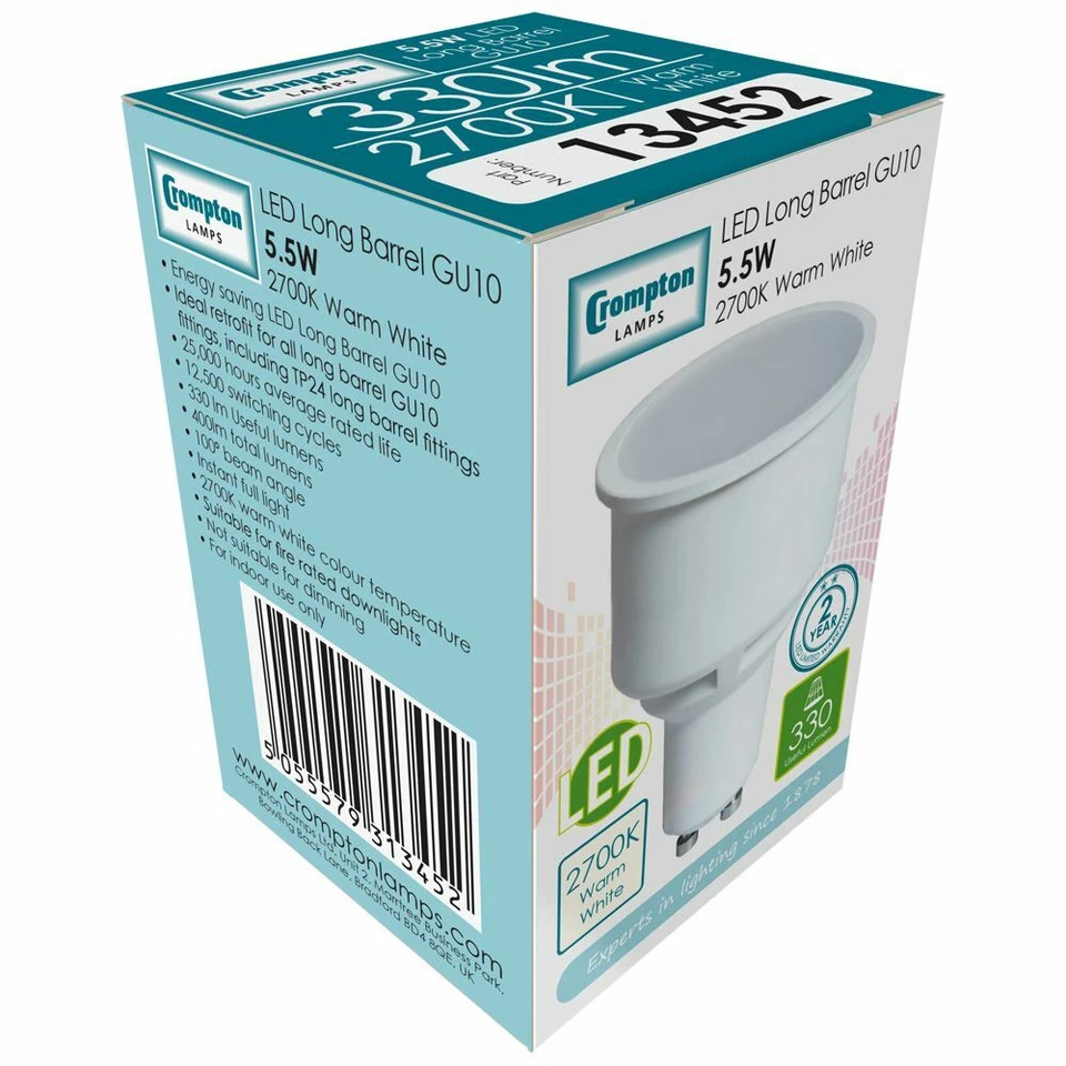 6x Crompton 5.5W GU10 Long Neck LED bulb 74mm x 50mm 2700k Warm White 13452 - Image 2 of 4