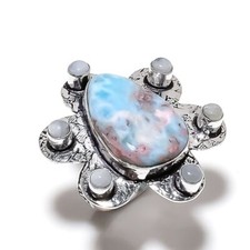 Natural Caribbean Larimar, Moonstone 925 Sterling Silver Ring Size 9 Y661