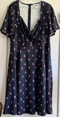 Unique Vintage Dress Black w/ Pink Tulips & White Polka Dot NWT Sz 1X