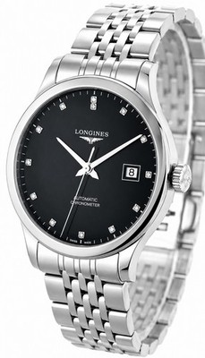 Longines Record Auto 38.5MM Black Diamond Dial SS Men's Watch L2.820.4.57.6