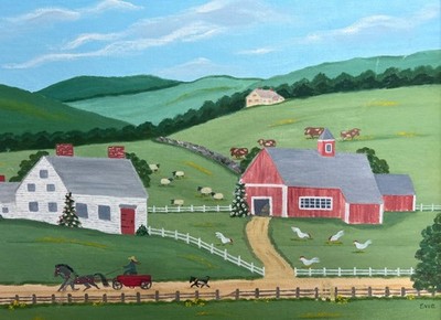 American Art Folk Artist Naive Farm Cows Dog Landscape Oil Painting Signed EVIE