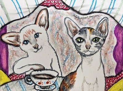 ORIENTAL SHORTHAIR Drinking Coffee Original 9 x 12 Oil Pastel Painting Art KSams