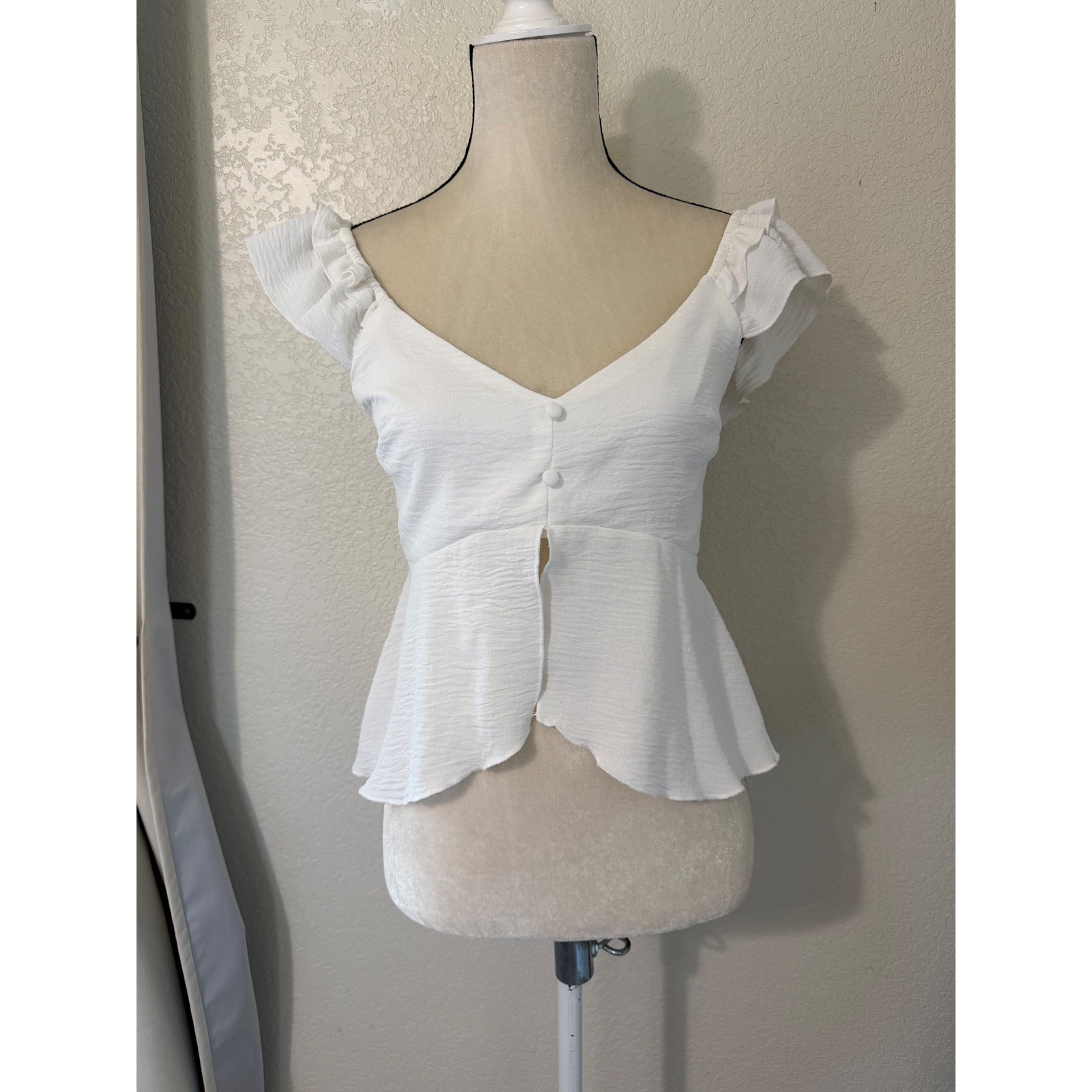 Timing White Flutter Sleeve Peplum Top V-Neck Smocked Back Blouse
