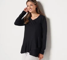 LOGO by Lori Goldstein Long sleeve Peplum Top-Black-Large A451281 NEW