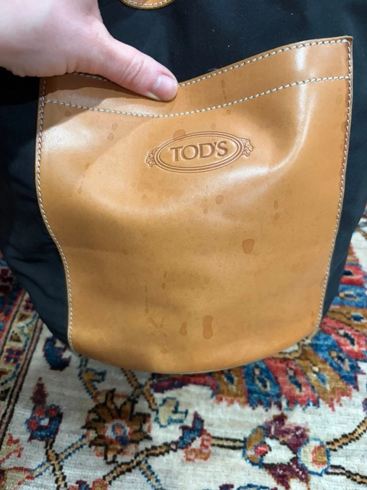 Tod’s Black Nylon Tan Leather Trim Tote Bag Made in Italy Logo Pocket Shoulder - Image 3 of 4