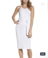 Michael Kors White Ribbed Knit Belted Ring-Strap Sleeveless Midi Dress Size M