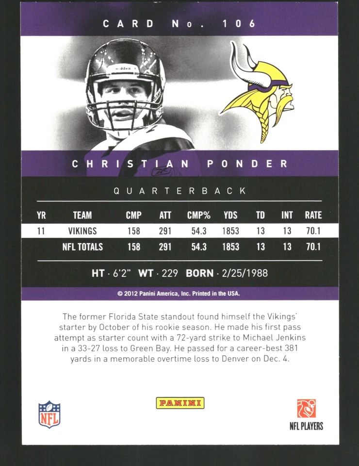 Christian Ponder 2012 Panini Prestige #106 Extra Points Gold Minnesota Vikings - Image 2 of 2