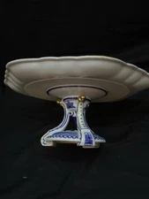 Vintage Bombay Cake Stand 11" Plate 5" Tall Blue White Floral Scalloped Edge