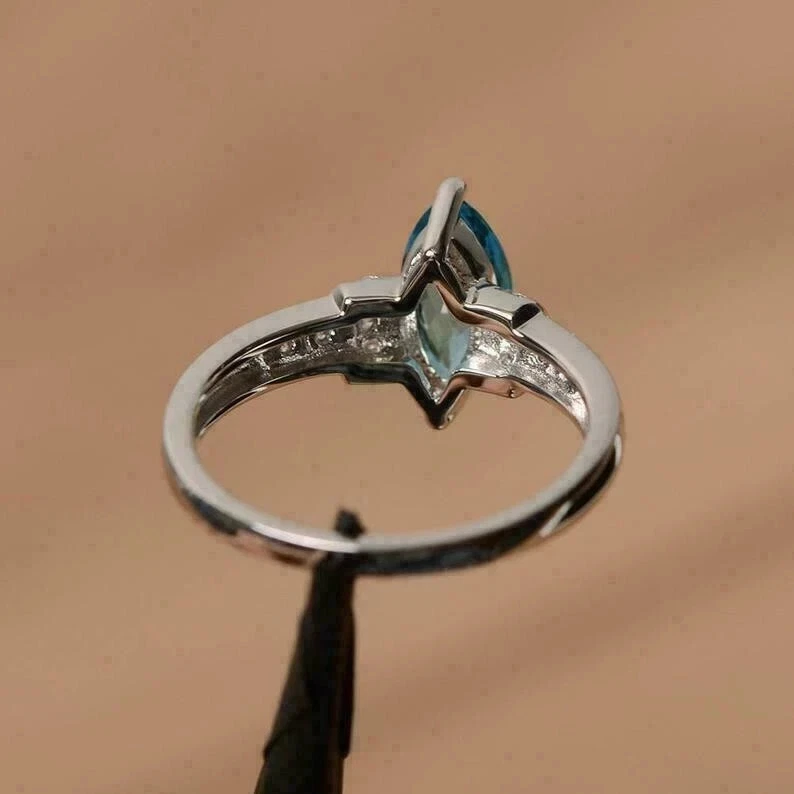 2.20Ct Marquise Cut Blue Topaz Women's Engagement Ring 14k White Gold Plated - Image 3 of 4