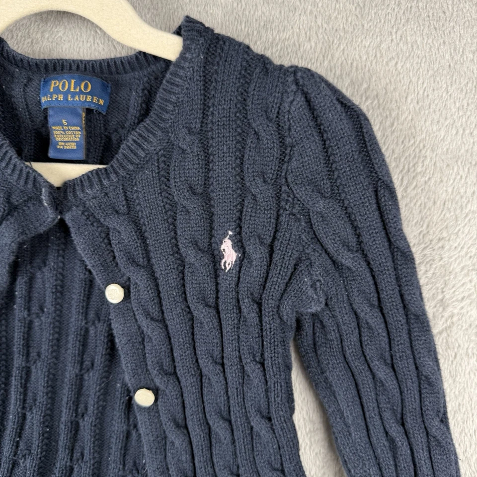 Polo Ralph Lauren Cárdigan Suéter Niñas 6 Peplum Azul Marino Cable Tejido Preppy Foto 4 de 4