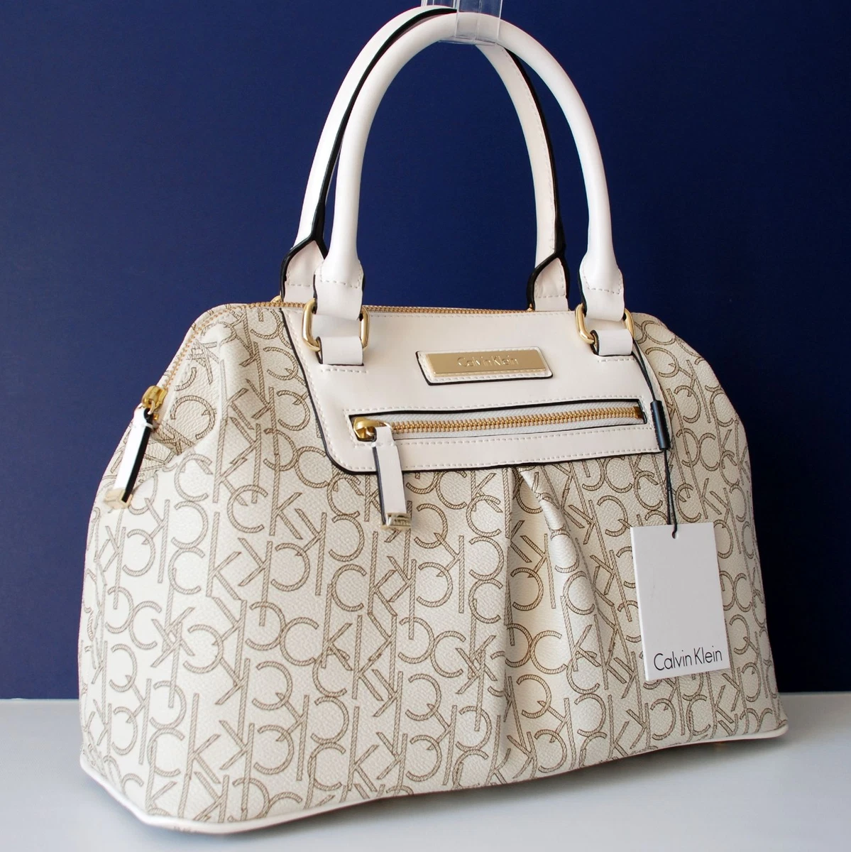CALVIN KLEIN AUTHENTIC ALMOND KHAKI WHITE SIGNATURE SATCHEL