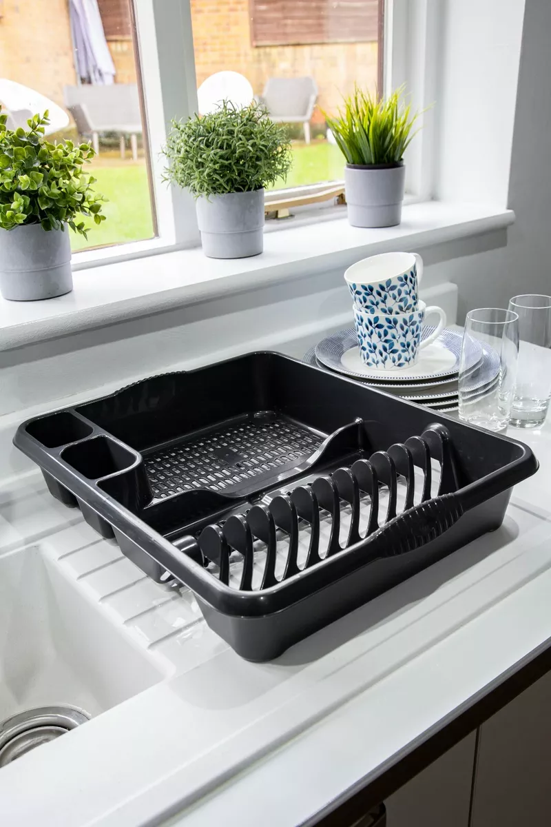 Large Plastic Kitchen Plate Dish Drainer Rack Draining Board Cutlery Holder  UK