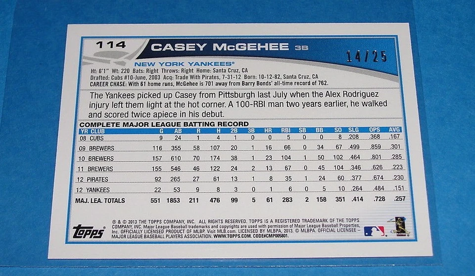 2013 Topps CASEY McGEHEE #114 Pink Mini Variant/25 YANKEES-MARLINS Fresno State - Image 2 of 2
