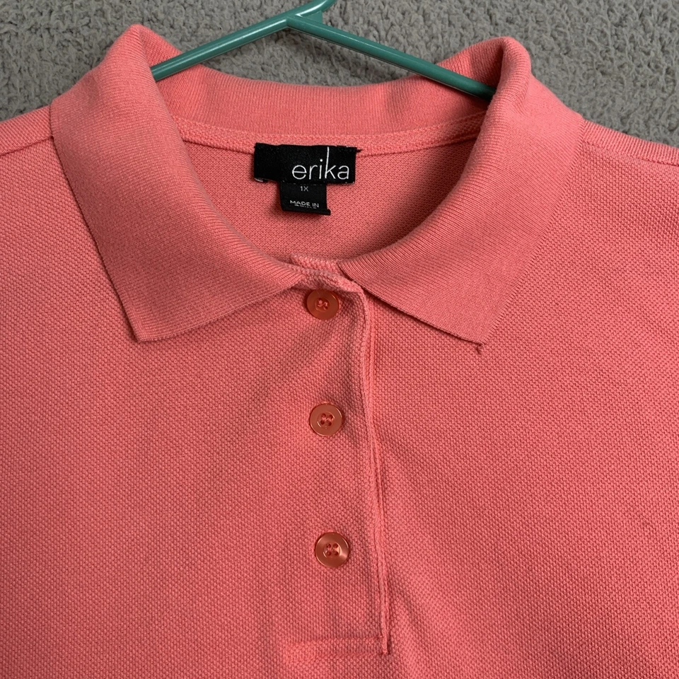 Erika Polo Shirt Womens Short Sleeve Button Collared Blouse Top Golf Pink 1X - Image 2 of 4
