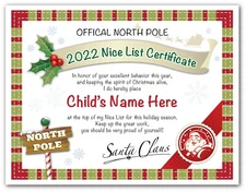 Santa Claus Nice List Certificate - Christmas Stocking Stuffers Favors Boy Girl
