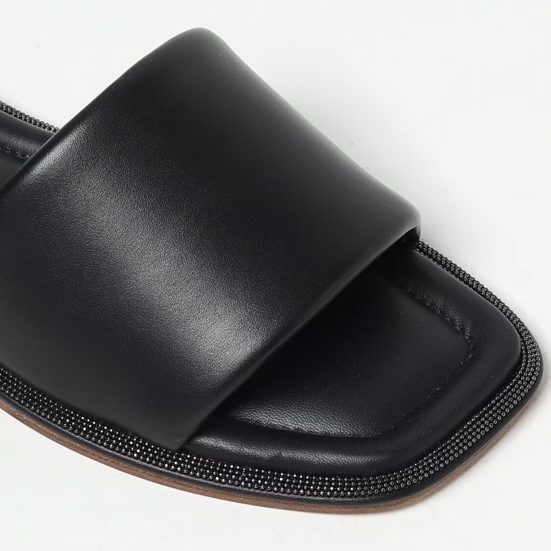 BRUNELLO CUCINELLI Leather Slides Sandals with Monili Trim
