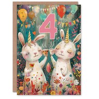 SüßE Hase Einhorn Luftballons Wald Party 4. Geburtstagskarte