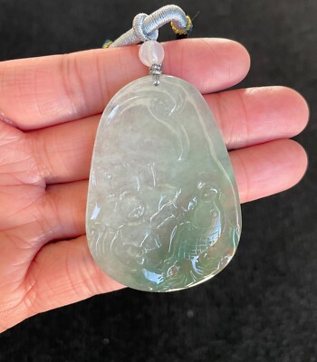 Highly Icy Floating Green Lotus and Fish Jadeite Jade Pendant Necklace