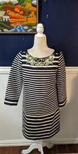 J. Crew Collection Navy Blue White Stripe Bead Embellished Neckline Dress Sz 4