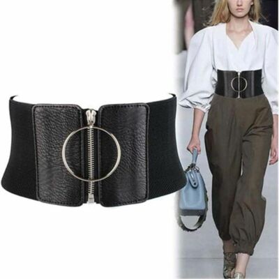 Women Pu Leather Zipper Waist Belt Wide Elastic Waistband  display picture 2