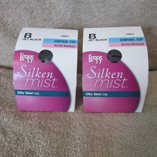 2 Pairs Leggs Silken Mist Pantyhose - Control Top - Size B -  Jet Black   (T 3)