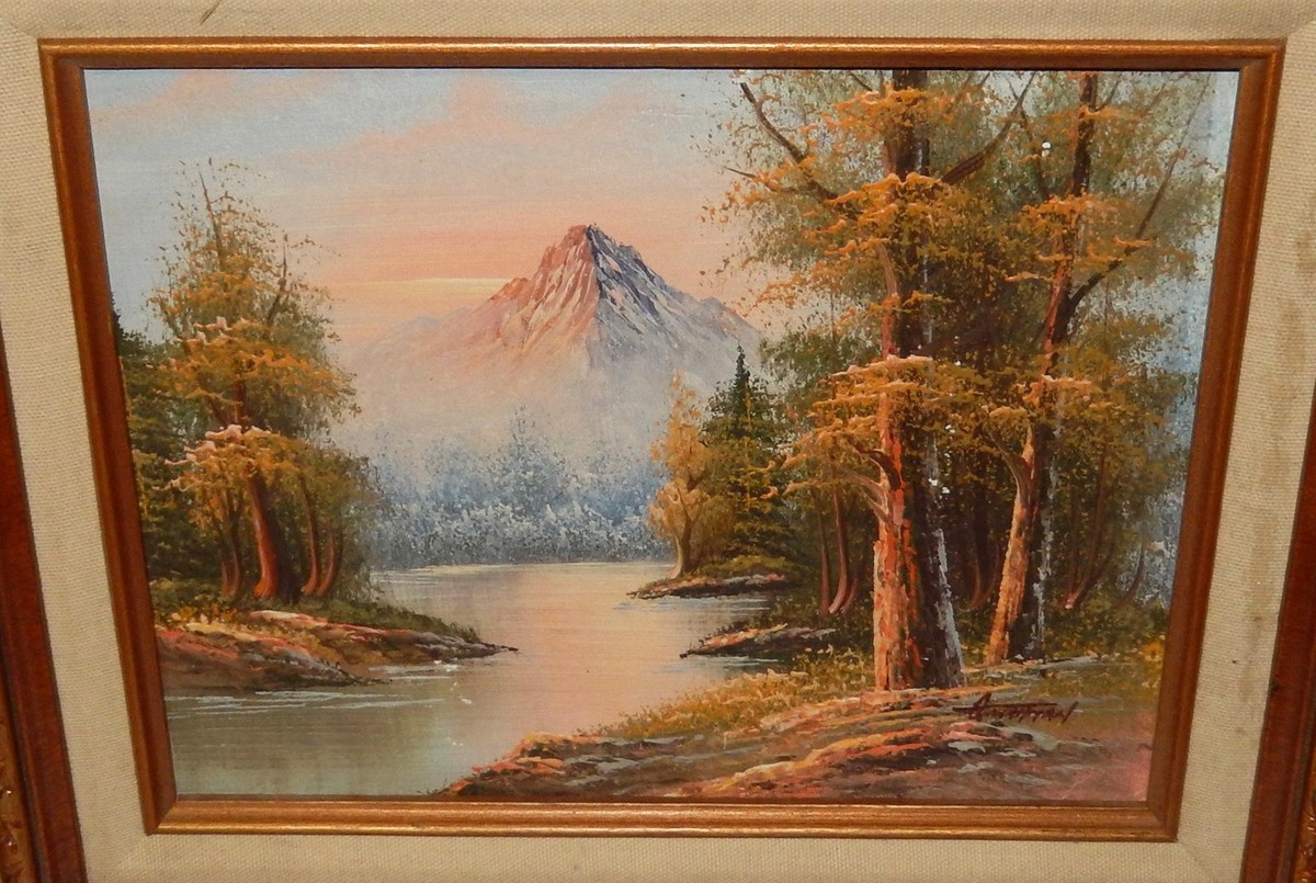 G.WHITMAN SNOW MOUNTAIN RIVER LANDSCAPE ORIGINAL OIL ON BOARD