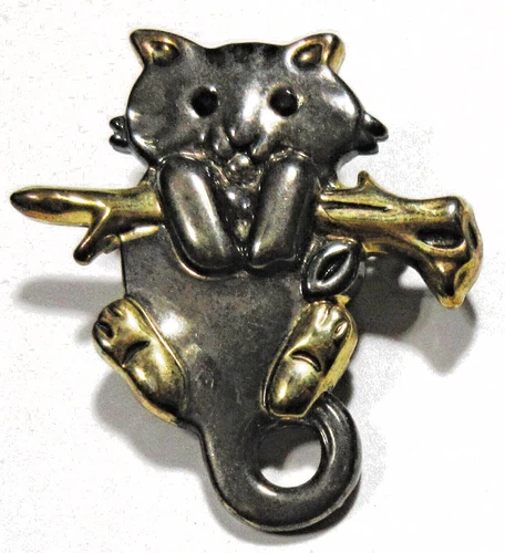 VTG silver gold tone metal tree branch KITTY CAT big Brooch Pin Costume Jewelry