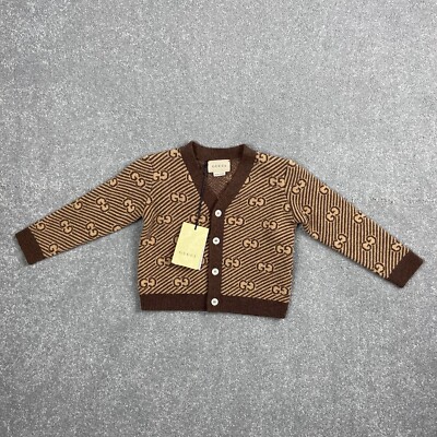 Gucci Baby Boys Brown GG Stripes Wool Jacquard Knit Cardigan Size 9-12  Months