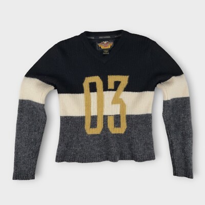 HARLEY DAVIDSON 03 Sweater Sz L Striped 100% Wool Long Sleeve Biker - Main Image