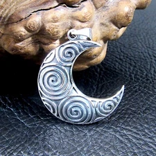 Solid 925 Sterling Silver Celtic Crescent Lunar Moon & Spirals Celestial Pendant