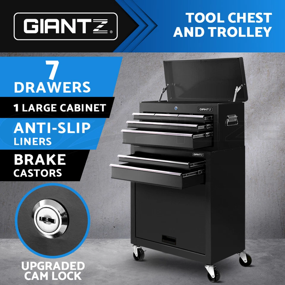 Giantz Tool Box Chest Cabinet Trolley Toolbox Garage Storage 7 Drawers Black