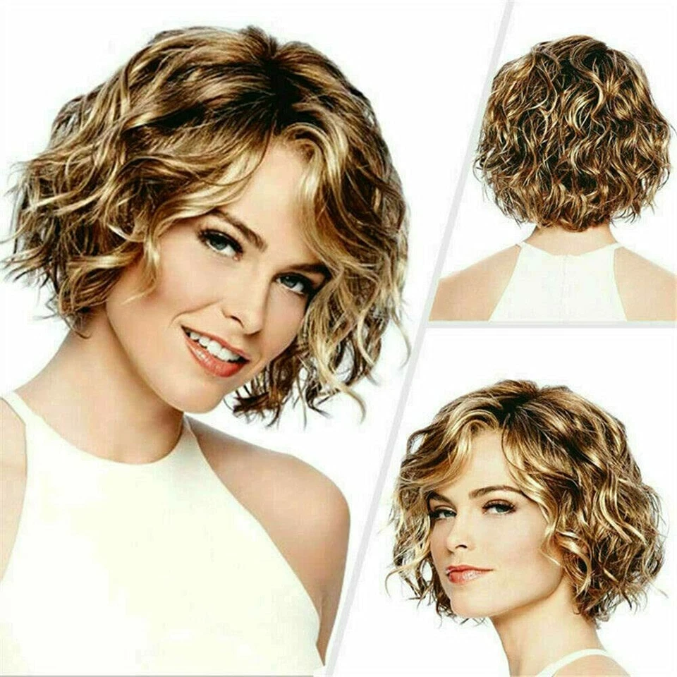 Peluca Bob ondulada rizada corta de 10 pulgadas para mujer cabello rubio oscuro esponjoso disfrazado informal EE. UU. Foto 2 de 4
