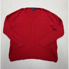 Polo Ralph Lauren Red Pima Cotton Cable Knit V-Neck Sweater Mens Large L/G
