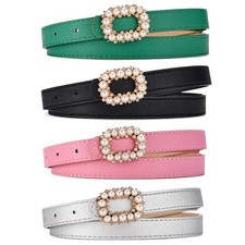 4 PCS Women Beads Crystal Buckle Skinny Faux Leather Belt Dress Jeans Belts