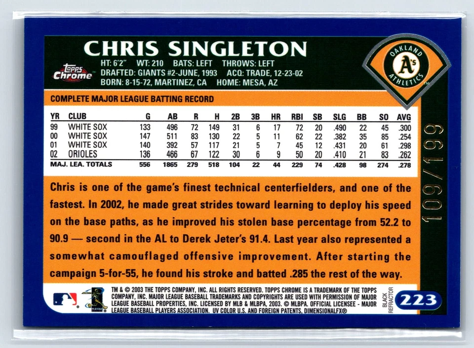 2003 Topps Chrome Black Refractor #223 Chris Singleton Athletics /199 - Image 2 of 2