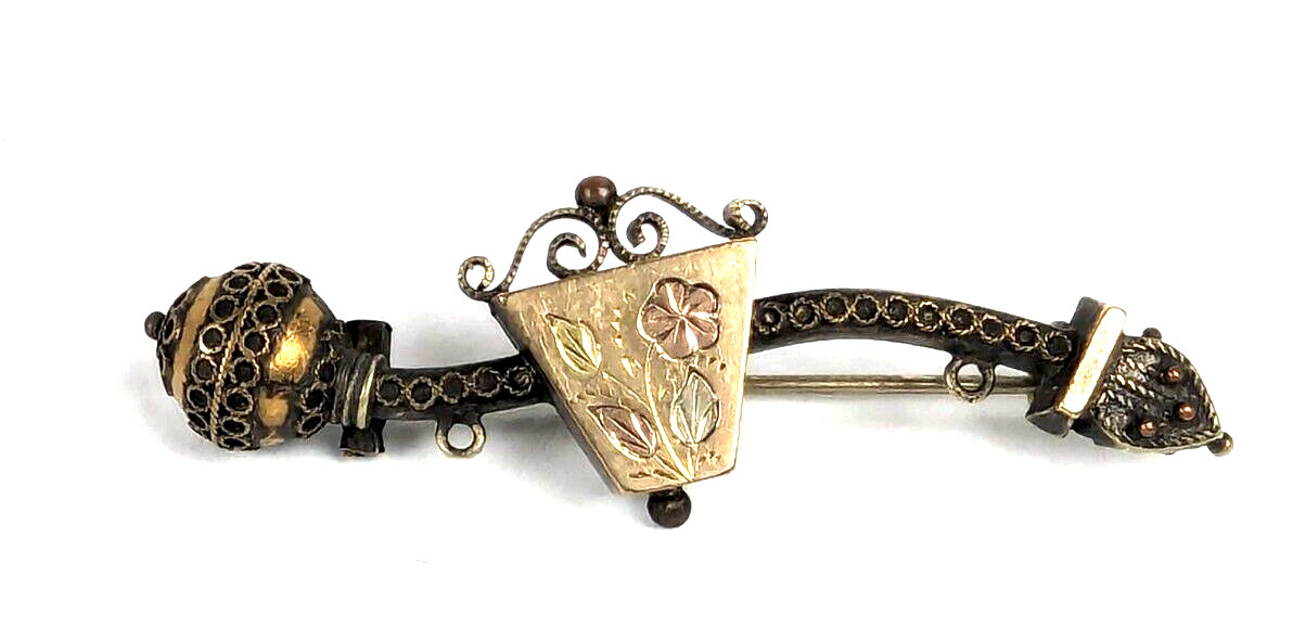 Antique Victorian Etruscan Revival 10k Gold Decorated Bar Pin Brooch 2.25