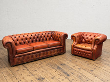 Tan Leather Chesterfield 3 Seater Sofa and Armchair Set Aged Patina Studded Arms