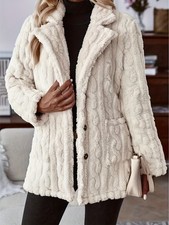 Women’s Plush Fleece Jacket Button-Up Lapel Collar Pockets Soft Textured Coat