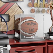 Basketball Display Case with Mirror Back and Black Metal Grooved Base Acrylic Ba