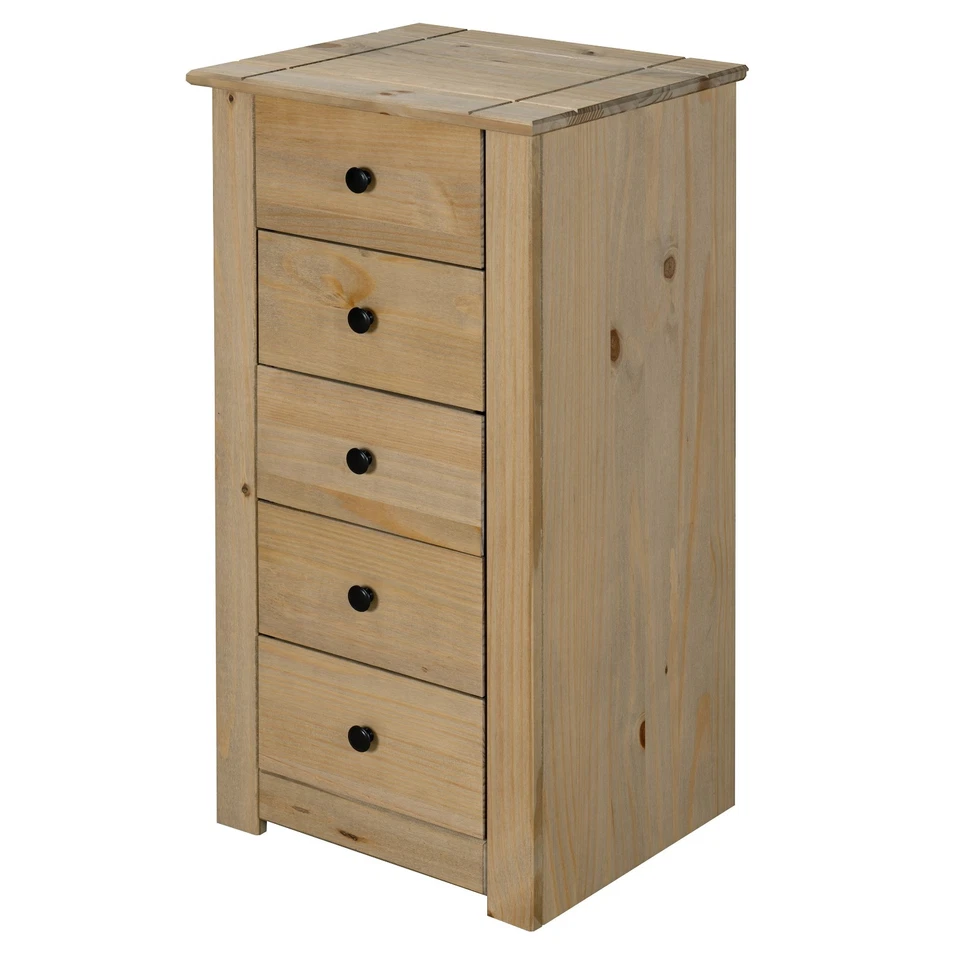 Panama Chest of Drawers 5 Drawer Tall Narrow Solid Pine Wood Waxed Oak Finish - Image 3 of 4