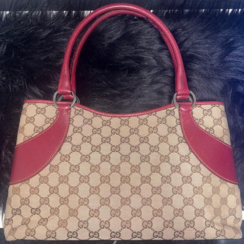 GUCCI GG Tote Hand Bag Magnetic Leather Canvas Brown Red Silver Hardware Japan