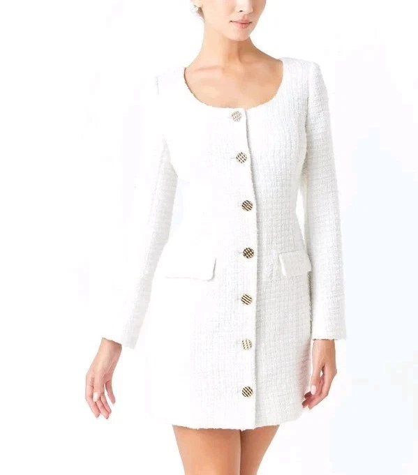 NUEVO CON ETIQUETAS XS Mini Vestido Endless Rosa Blanco Escote Redondo TWEED Vaina Abotonada Foto 2 de 4