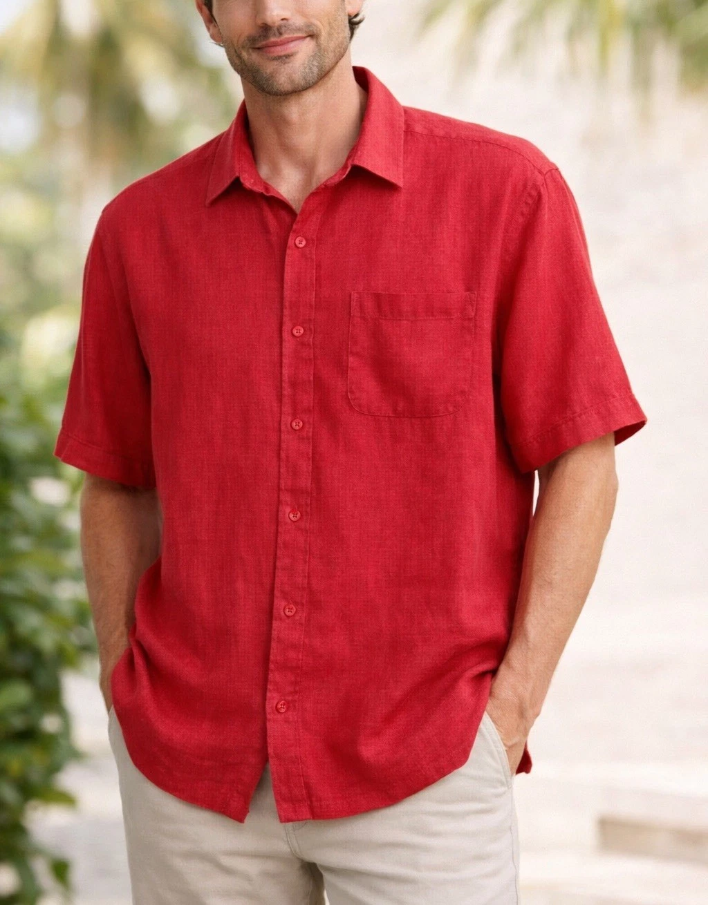 Natural Blue by Visitor Red Linen Short Sleeve Button Down Shirt XXL
