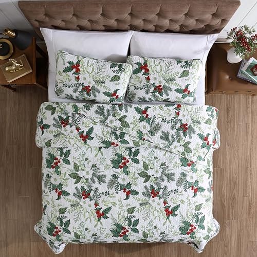 Set lenzuola trapuntato leggero vacanza bouquet verde, verde king, bianco, rosso - Foto 3 di 4