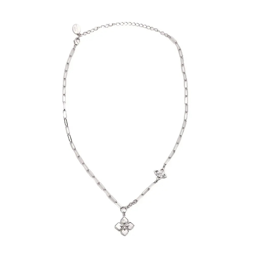 Rhodium Plated Link Necklace With Cubic Zirconia Stones