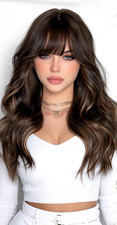 Dark Brown Mix Auburn Highlight w/ Bangs 20in Layered Women Premium Hair Wig